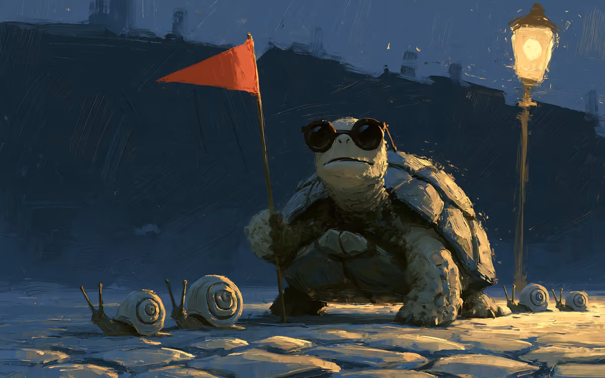 Painted tortoise in sunglasses holding a red flag on a cobbled street at night, snails following