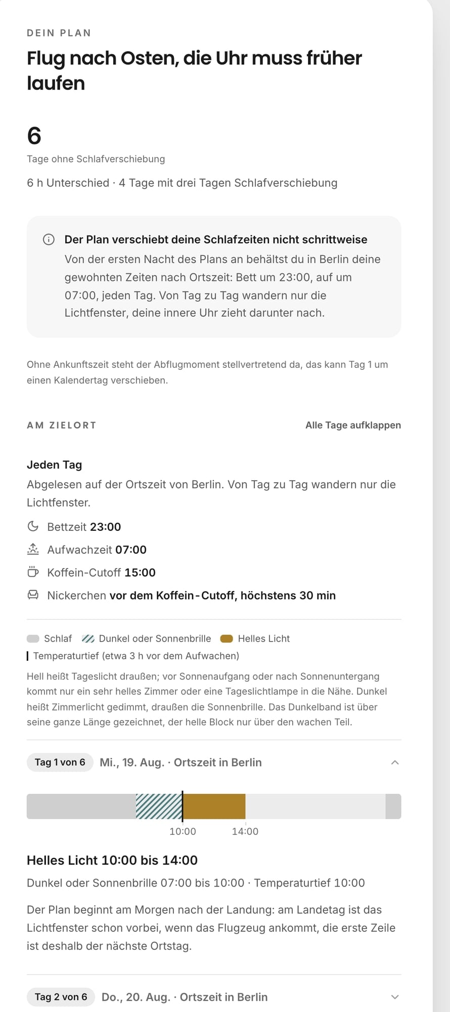 Screenshot des Jetlag-Planers mit dem Tagesplan für einen Flug von New York nach München