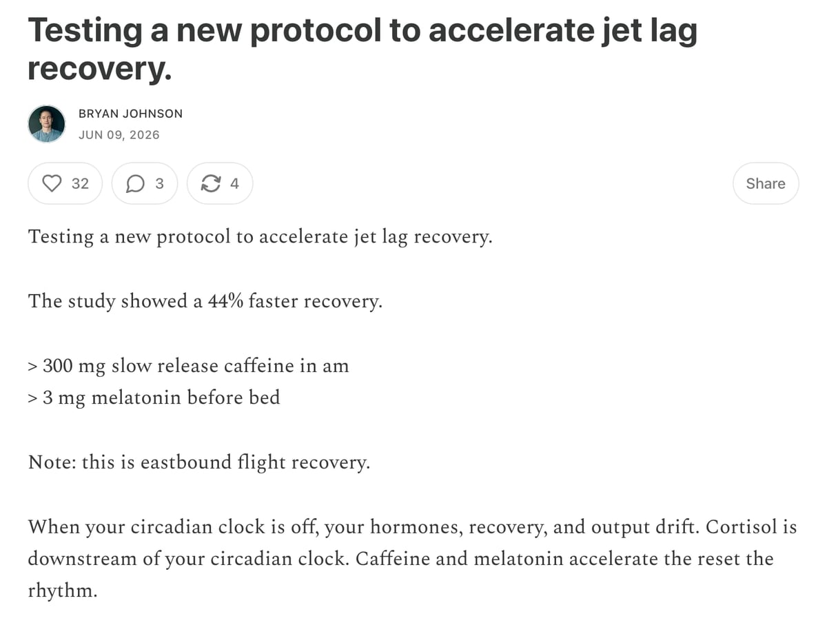Screenshot of Bryan Johnson's post about a caffeine and melatonin protocol for jet lag recovery