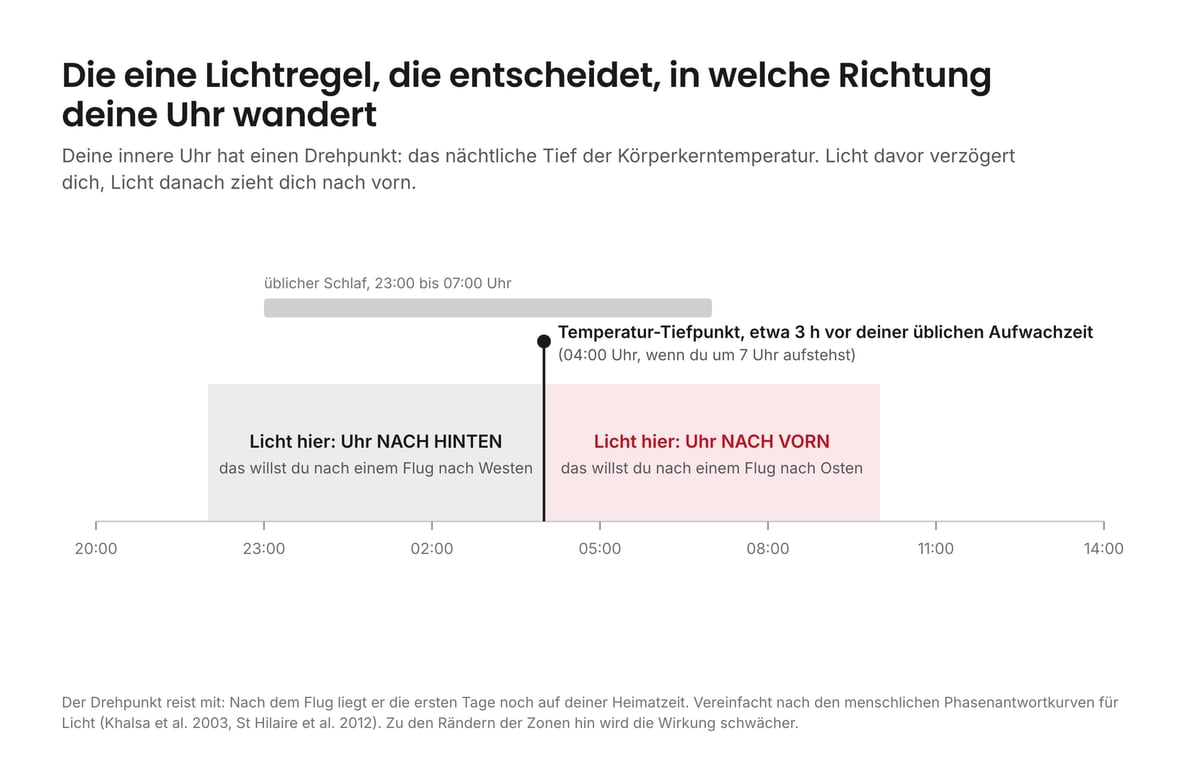 Zeitstrahl mit dem Temperaturtief, davor die Verzögerungszone und danach die Vorverlagerungszone