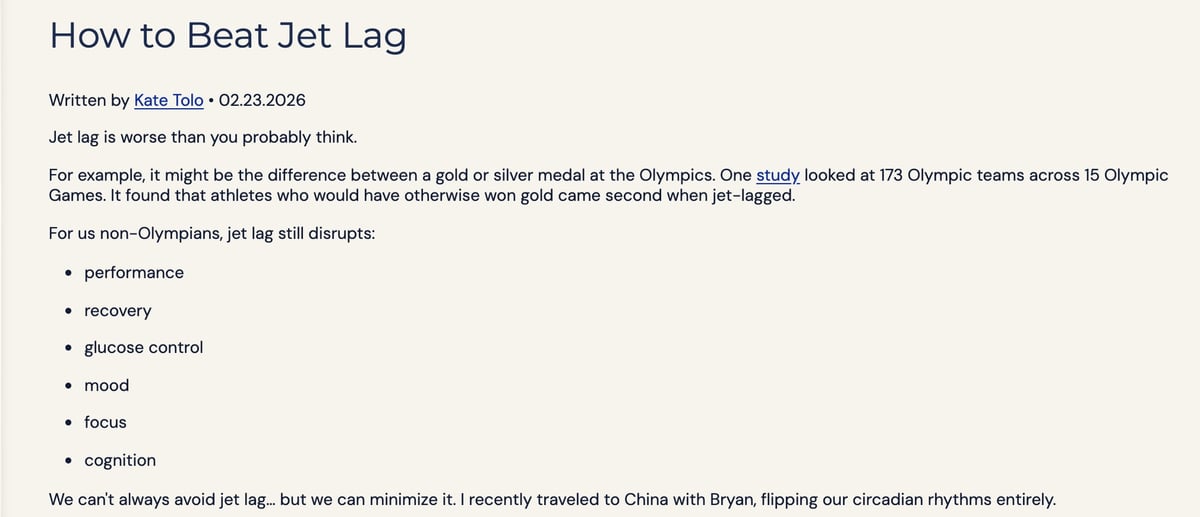Screenshot of the Blueprint article How to Beat Jet Lag by Kate Tolo