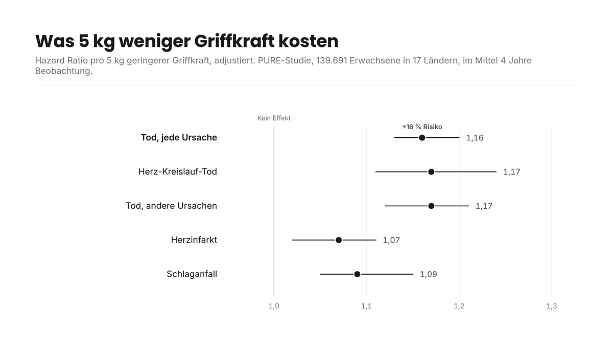 Forest-Plot der Hazard Ratios pro 5 kg weniger Griffkraft in der PURE-Studie: Tod jede Ursache 1,16, Herz-Kreislauf-Tod 1,17, andere Ursachen 1,17, Herzinfarkt 1,07, Schlaganfall 1,09