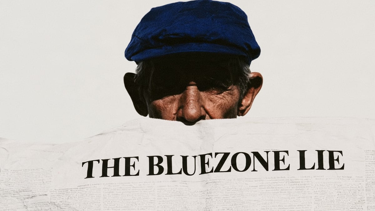 Ein alter Mann mit blauer Schiebermütze schaut über eine Zeitung mit der Schlagzeile The Bluezone Lie.