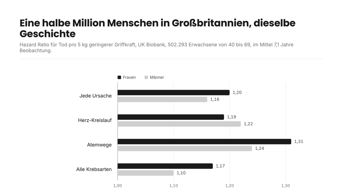 Balkendiagramm der UK-Biobank-Hazard-Ratios pro 5 kg weniger Griffkraft für Frauen und Männer: jede Ursache 1,20 und 1,16, Herz-Kreislauf 1,19 und 1,22, Atemwege 1,31 und 1,24, alle Krebsarten 1,17 und 1,10