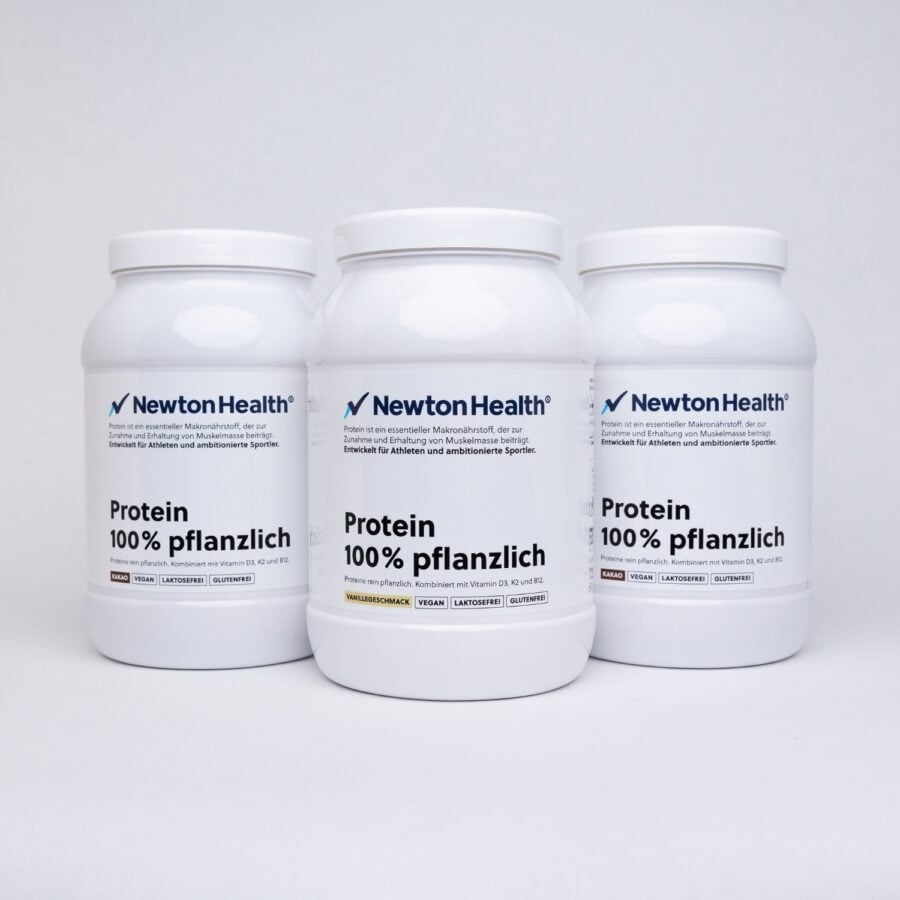 Three white Newton Health Clean Protein tubs side by side, the cocoa and the vanilla flavour.