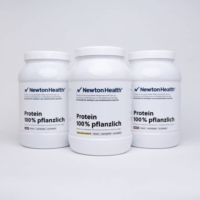 Three white Newton Health Clean Protein tubs side by side, the cocoa and the vanilla flavour.