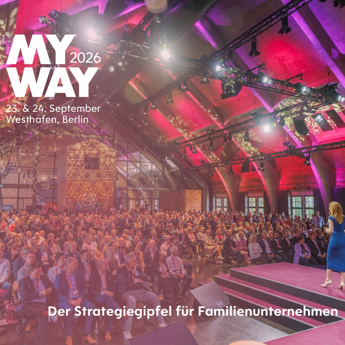 MyWay Summit key visual: a speaker on stage, the summit logo and the dates 23 to 24 September in Westhafen, Berlin